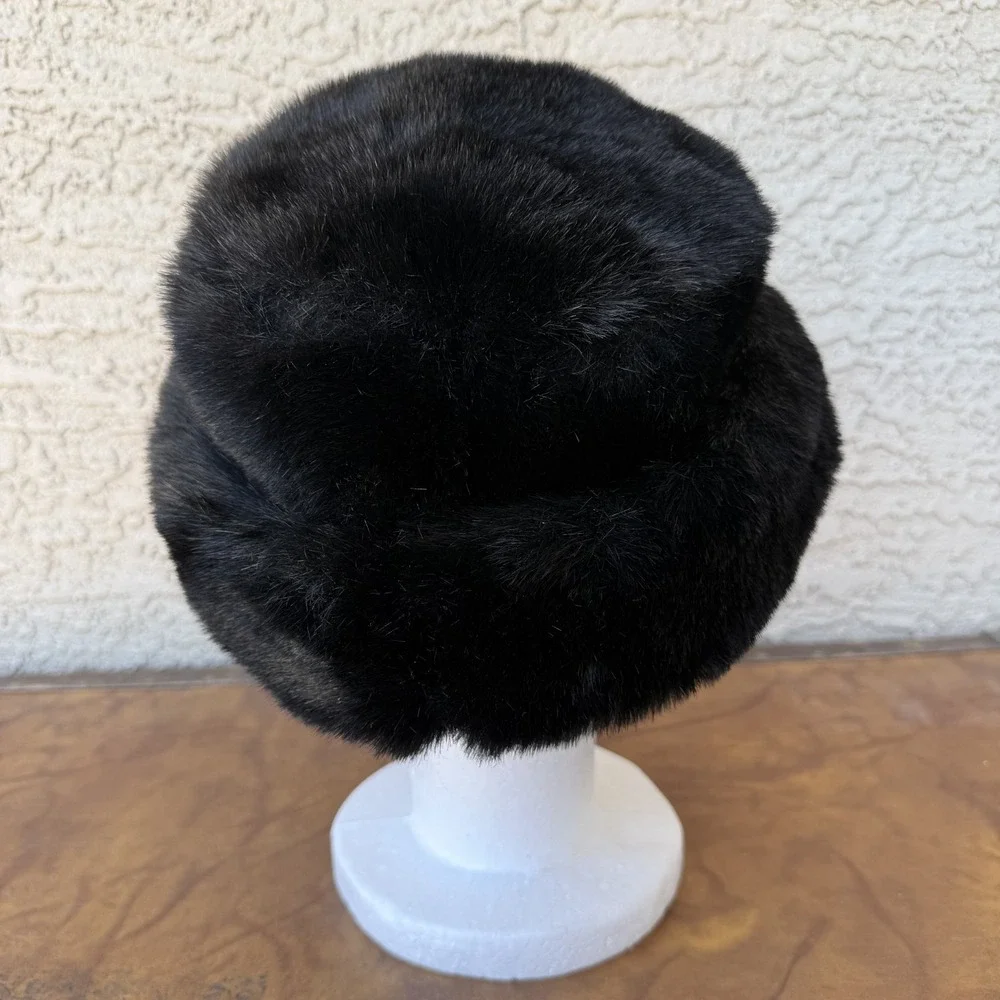 Vintage Faux Fur Bucket Hat Black Winter Soft Fluffy 90s Y2K Style - Picture 3 of 8